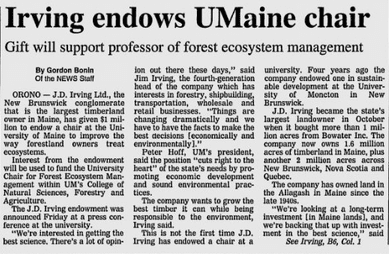 J.D. Irving newspaper headline from 1999 (Bangor Daily News clipping)