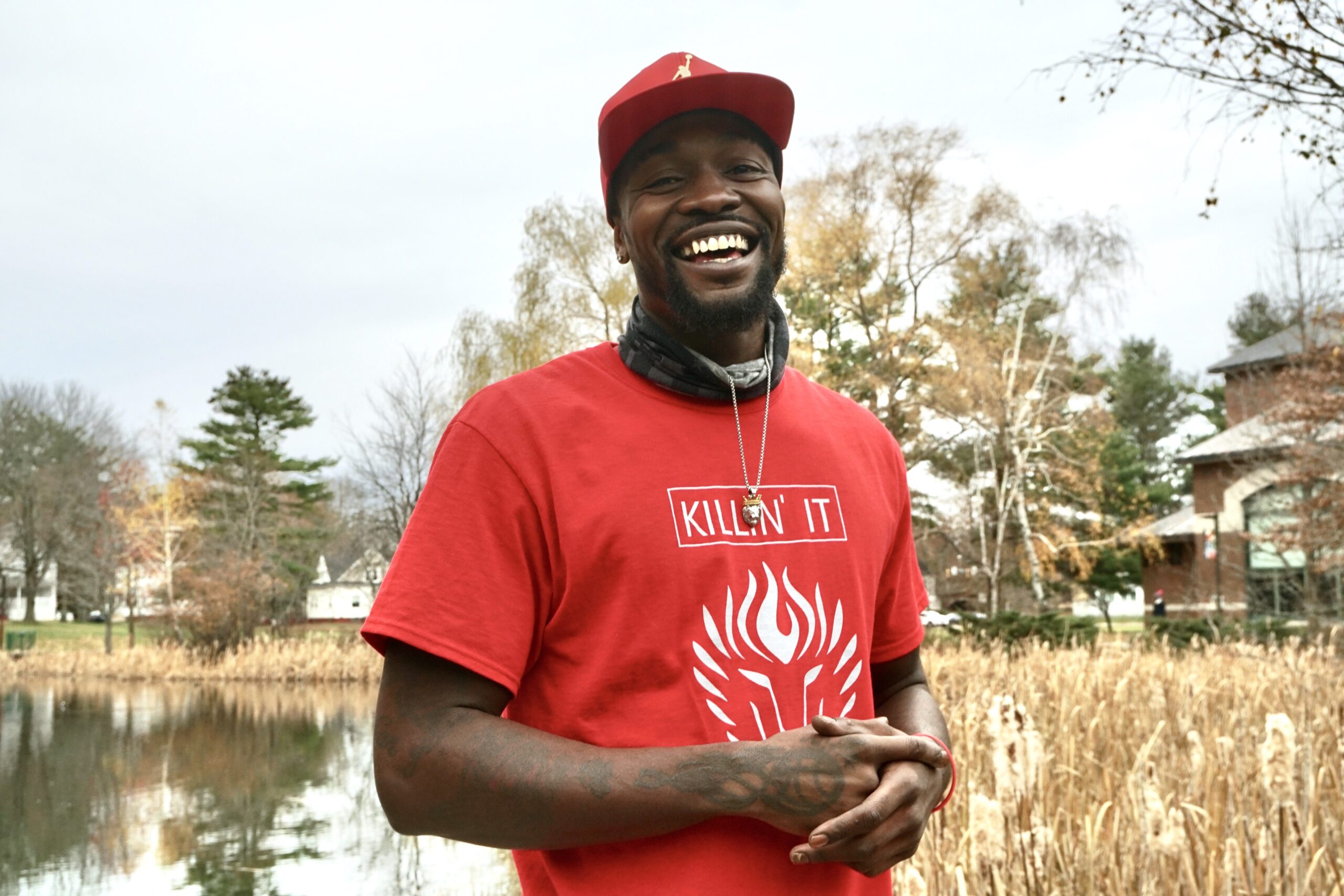 Shawn Garner started the clothing design company Upstylish in Lewiston, which was largely word-of-mouth before Black Owned Maine launched. Now, the website's founder, Rose Barboza, is helping Garner find stores that will carry his shirts and masks. Photo by Hannah Rafkin.