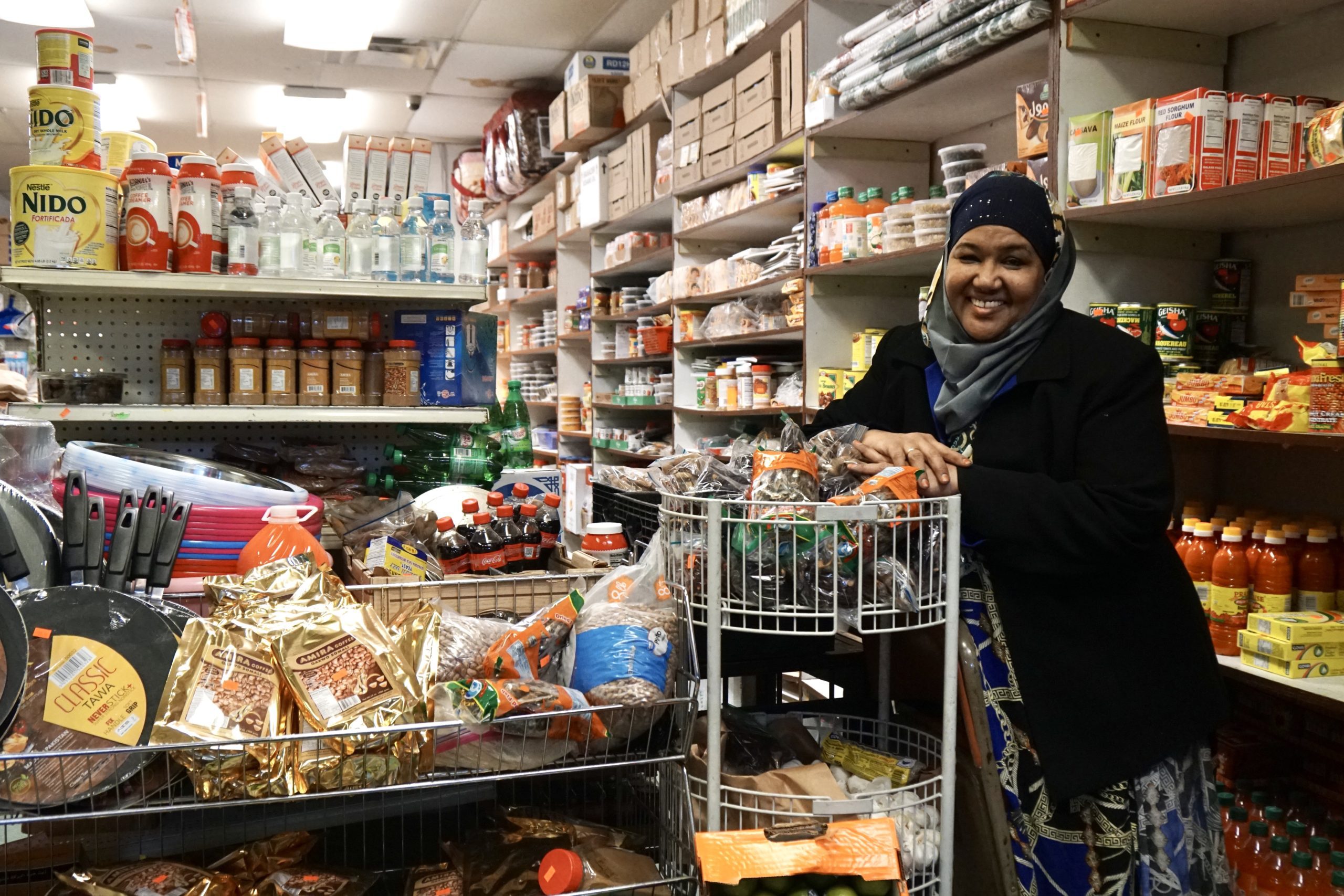 Shukri Abasheikh opened the Mogadishu Business Center and Restaurant in Lewiston in 2006, where she sells groceries and freshly cooked Somali food. While she appreciates the exposure of being listed on Black Owned Maine, she said that all businesses, despite the race of their owners, need support now because of the pandemic. Photo by Hannah Rafkin.