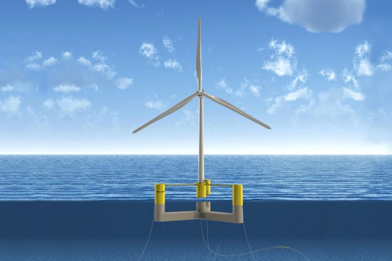 A full-scale rendering of the offshore wind machine that will be installed two miles off the shore of Monhegan Island in 2023 as part of the University of Maine's Aqua Ventus project. Courtesy of the University of Maine.