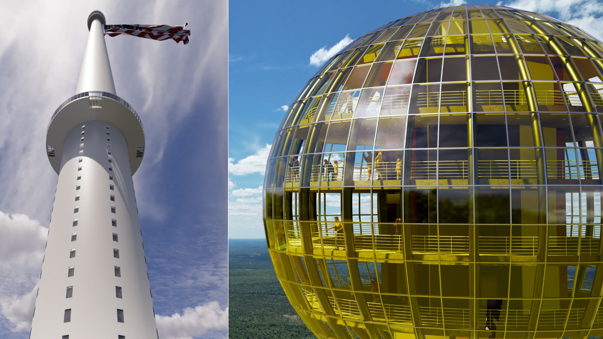 A composite photo of renderings for the flagpole, including a closeup view of what the top would look like