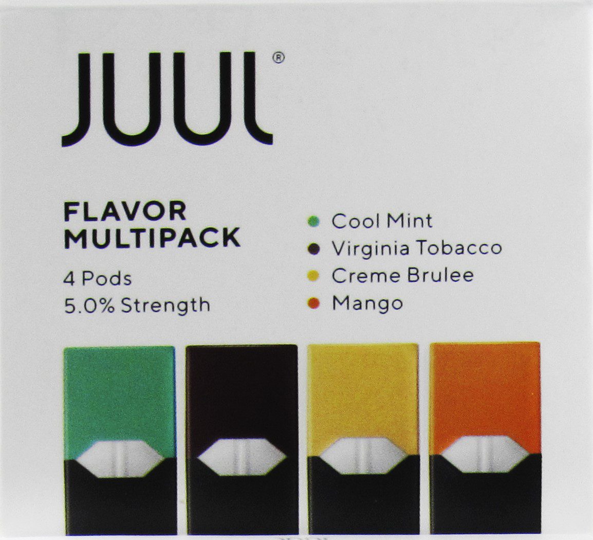 A sign for a Juul flavored multipack. It advertises in four flavors: cool mint, virgina tobacco, creme brulee and mango.