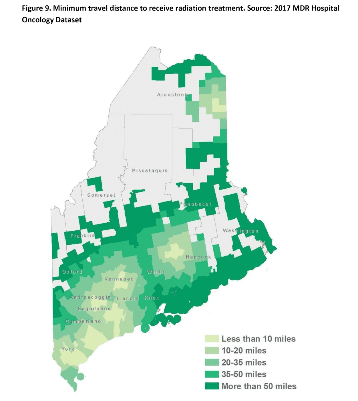 A map showing the minimum travel distance to receive radiation treatment in Maine.