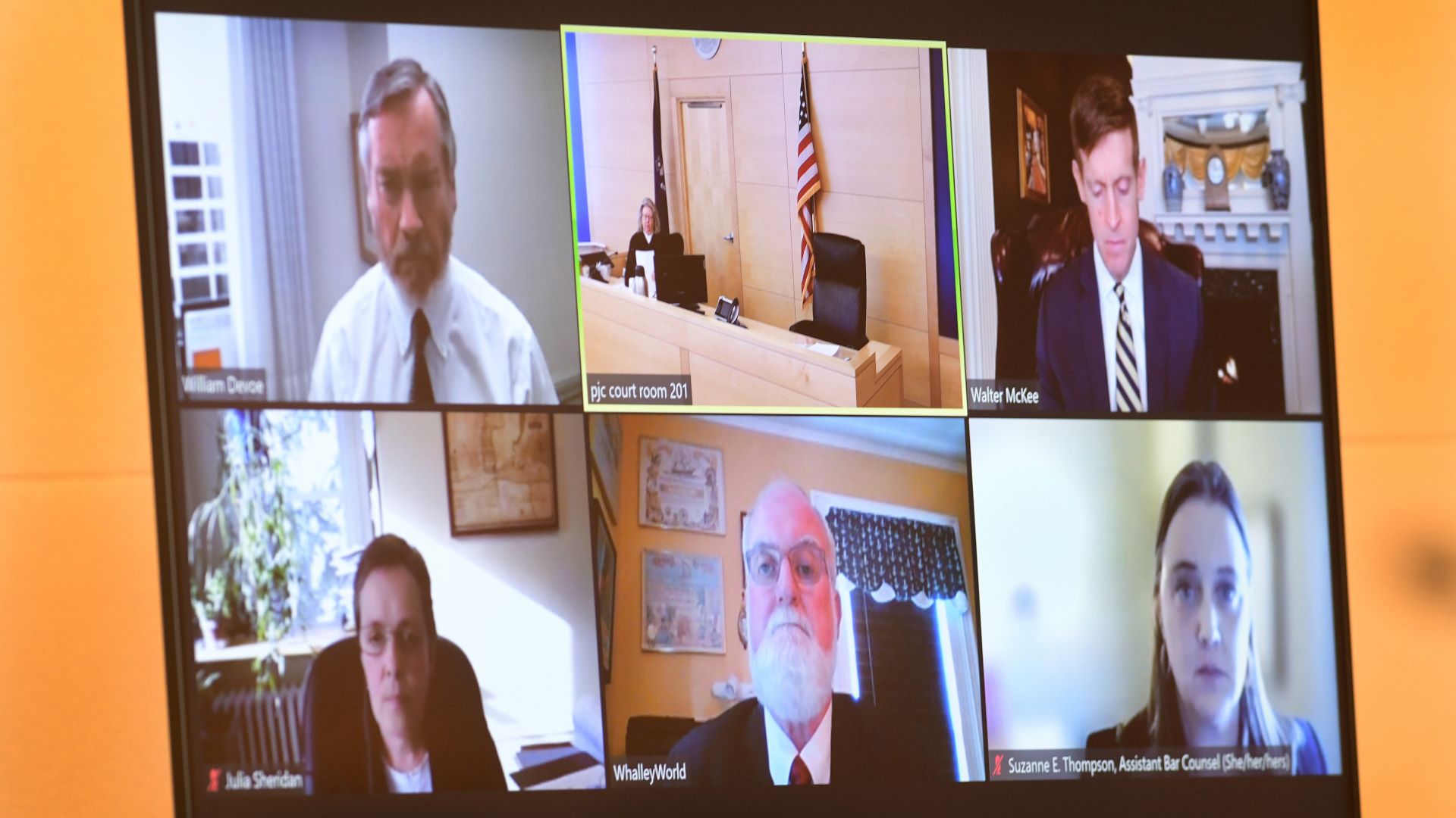 A screen showing the six participants of the disciplinary hearing.