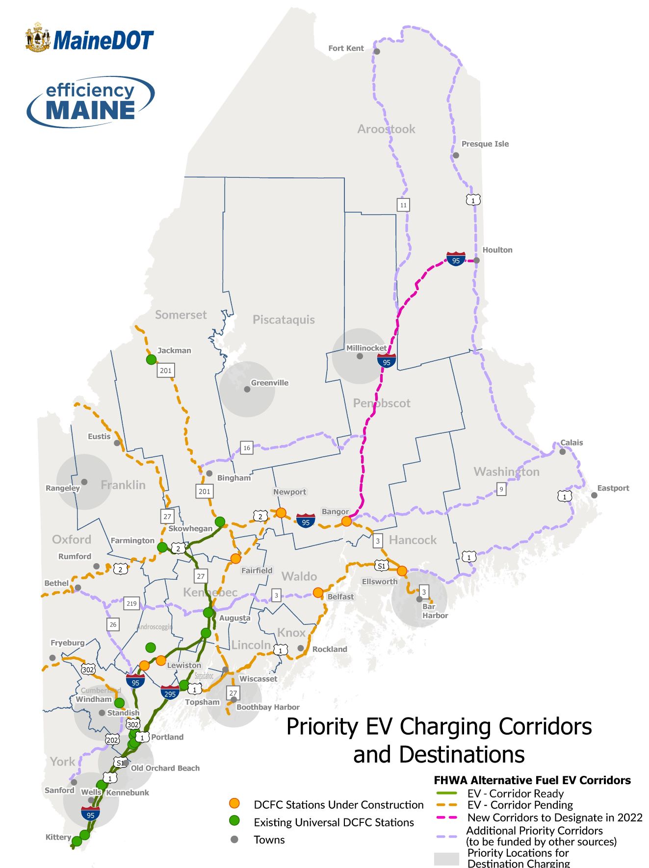 A map of Maine detailing planned priority electric vehicle charging corridors and destinations.